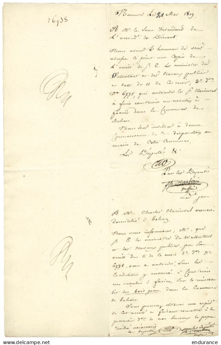 L. Datée 11 Mai 1819 De LA HAYE Accompagnant Un Arrêté Autorisant L'établissement Du Moulin à Farine à BOHAN - 1815-1830 (Holländische Periode)