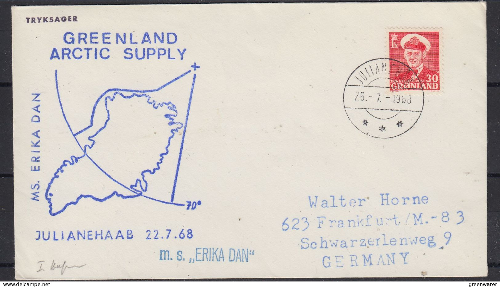 Greenland 1968 Greenland Arctic Supply Ms Erika Dan Ca Julianehaab 26.7.1968 Cover (ZO186) - Brieven En Documenten