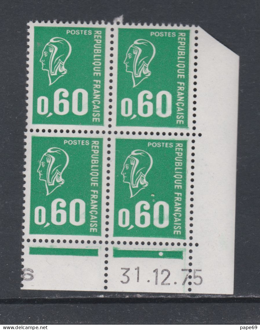 France N° 1814 XX Marianne Béquet : 60 C. Vert En Bloc De 4 Coin Daté Du 31 .12. 75 ; 1 Point Blanc, Ss Charnière, TB - 1970-1979