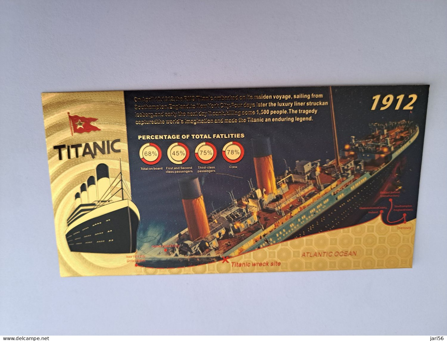 BANKNOTE / GOLDFOIL BILJET / TITANIC 1912/ LEONARDO DI CAPRIO/ KATE WINSLET/ SOUVENIR BILJET / UNC ** Goldfoil 002 ** - Other & Unclassified