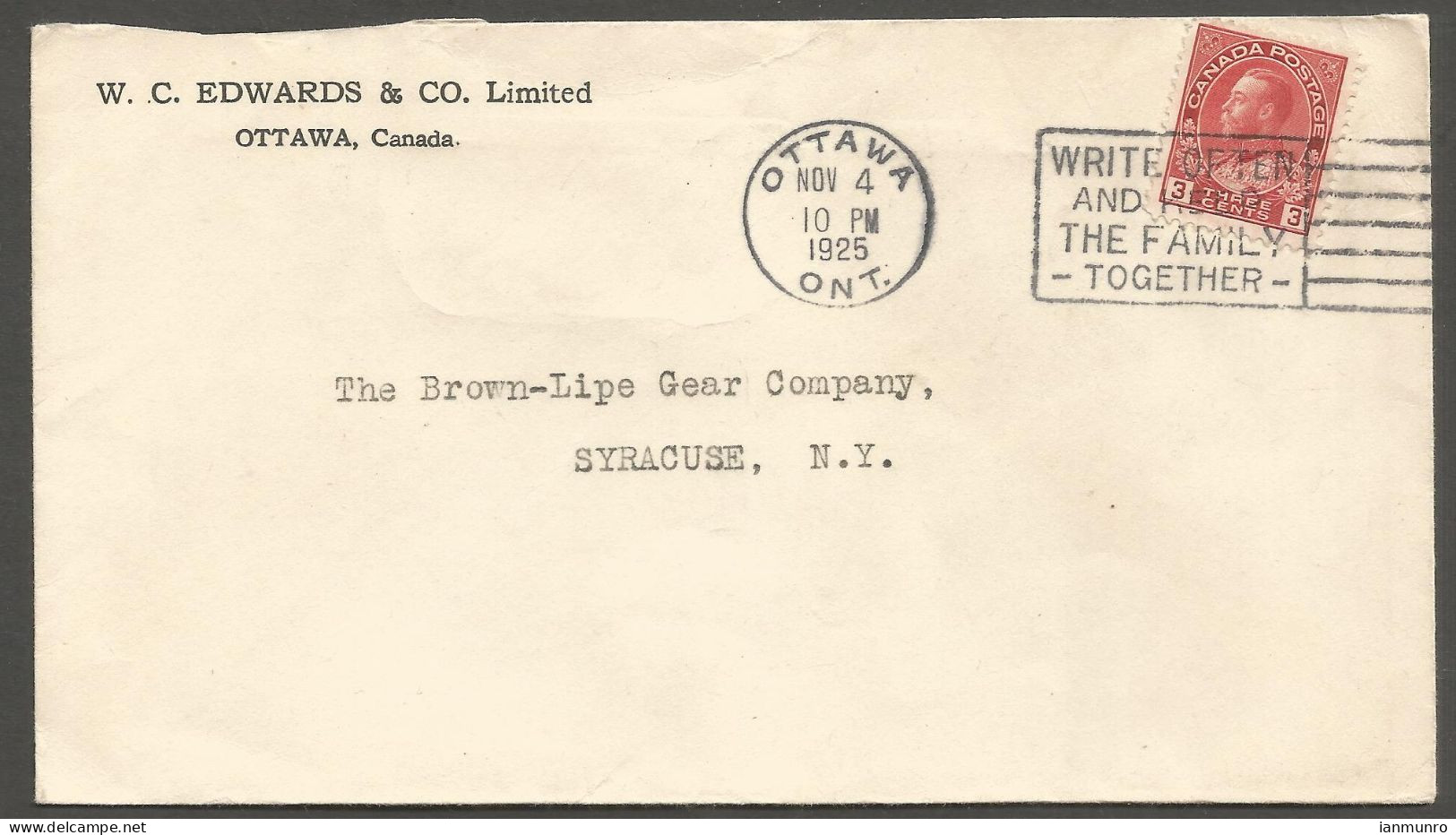 1925 W C Edwards & Co Corner Card Cover 3c Admiral Slogan Ottawa Ontario - Postal History