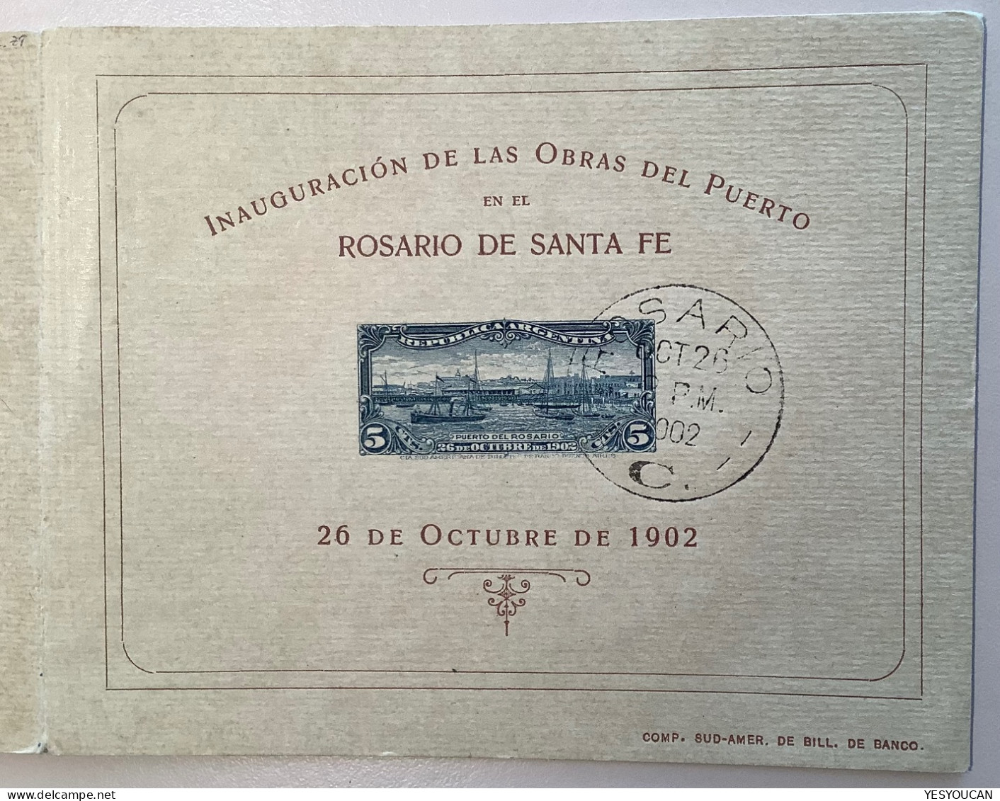 1902 Very Rare Used 5c Inauguration Del Puerto De Rosario Souvenir Proof Folder (Argentina Port Sailing Ship Voilier - Usati