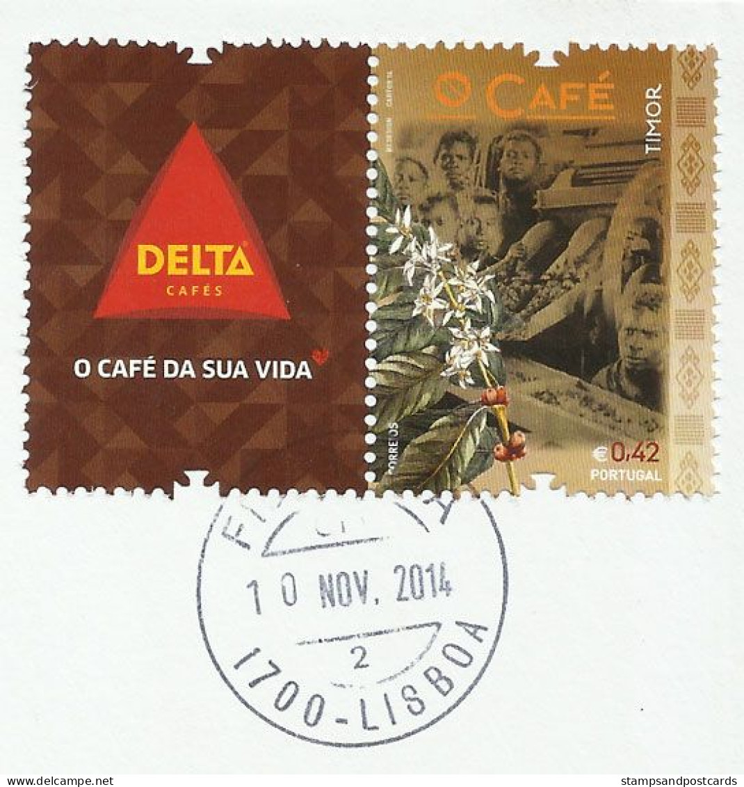 Portugal 2014 Café Timor Lettre Premier Jour Timbre Avec Vignette Café Delta Coffee East Timor Corporate Tab Cover - Lettres & Documents