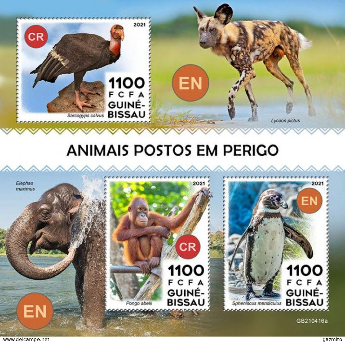 Guinea Bissau 2021, Animals In Danger, Penguin, Monkey, Jena, Elephant, 3val In BF - Gorillas