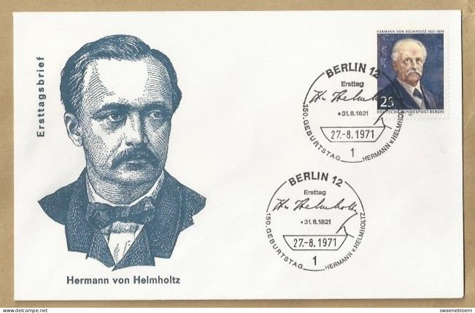 DE.- ERSTTAGSBRIEF. 150 GEBURTSTAG HERMANN VON HELMHOLTZ. - 27.8.1971.  BERLIN 12. FDC. - 1971-1980