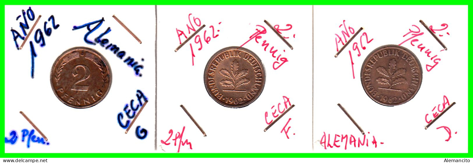 ALEMANIA – GERMANY - ( REPUBLICA FEDERAL ) 3 MONEDAS DE 2.- PFENNING . AÑO 1962  CECAS D-F-G.KM-106 - 2 Pfennig