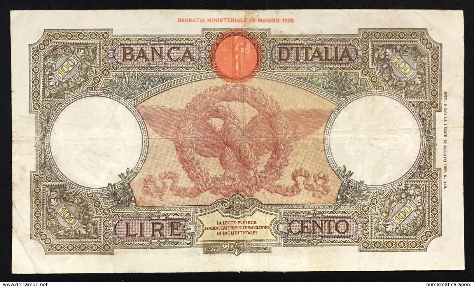 100 LIRE ROMA GUERRIERA FASCIO ROMA 20 02 1941 BIGLIETTO Naturale Q.BB Forellini  LOTTO 447 - 100 Lire