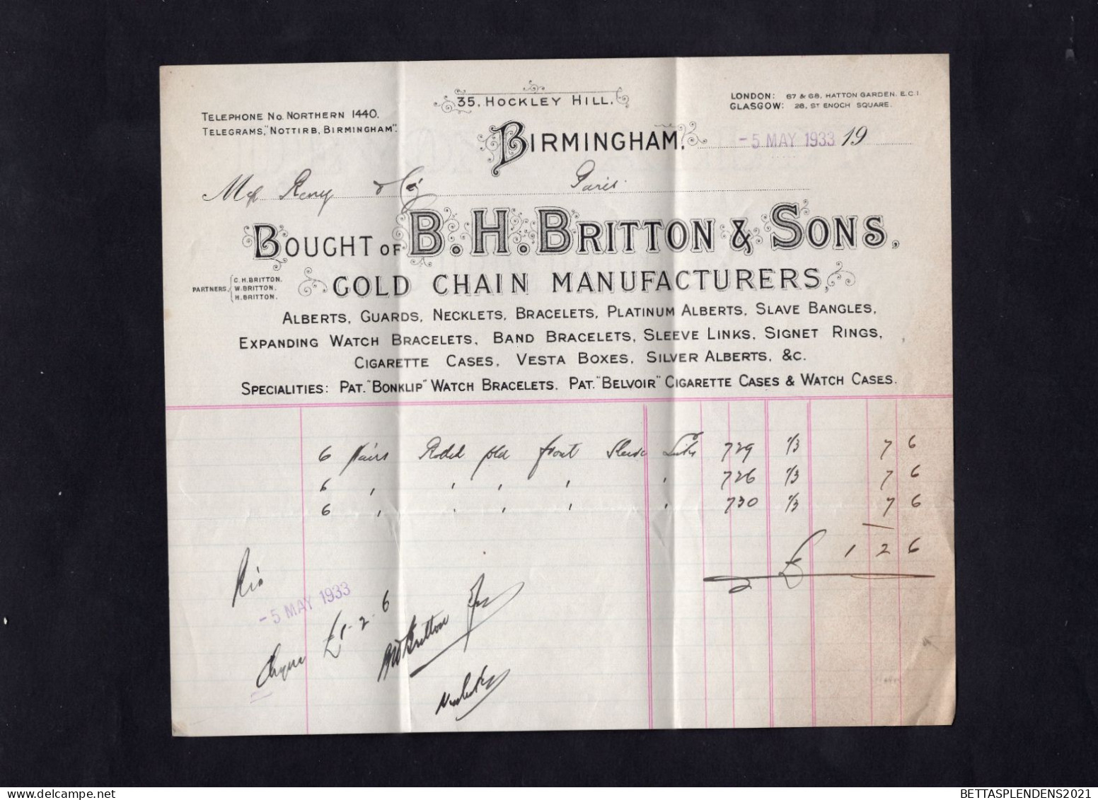 BIRMINGHAM - Facture 1933 - Bought Of B.H. BRITTON & SONS - Gold Chain Manufacturers - Ver. Königreich