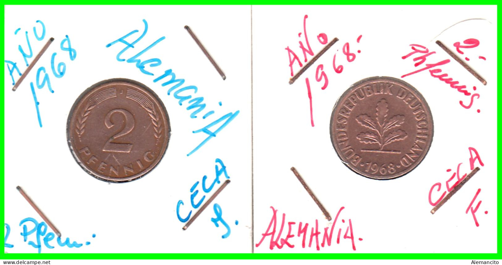 ALEMANIA – GERMANY - ( REPUBLICA FEDERAL ) 2 MONEDAS DE 2.- PFENNING . AÑO 1966  CECAS - F-J. - 2 Pfennig