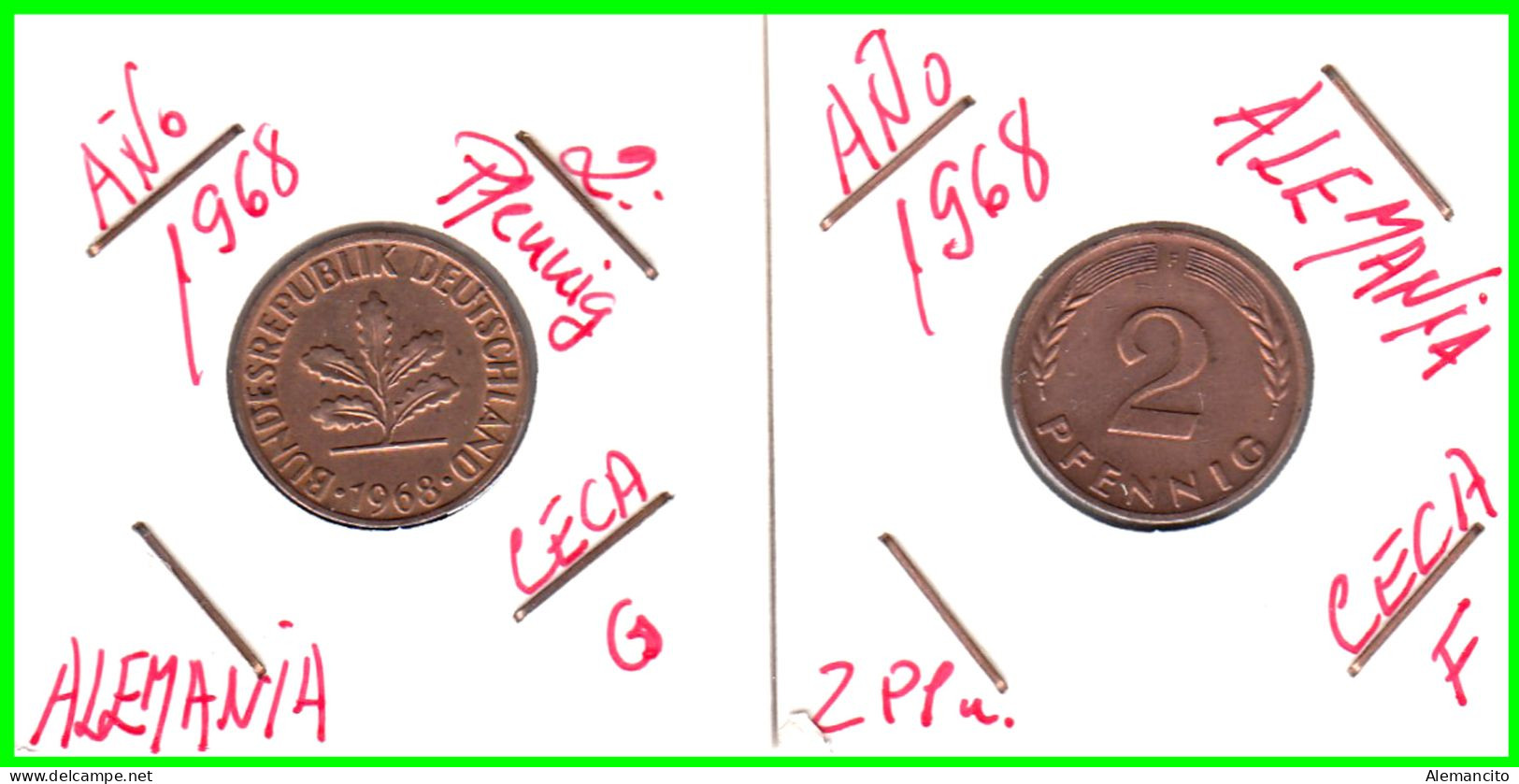 ALEMANIA – GERMANY - ( REPUBLICA FEDERAL ) 2 MONEDAS DE 2.- PFENNING . AÑO 1964  CECAS - F-G. KM-106 - 2 Pfennig