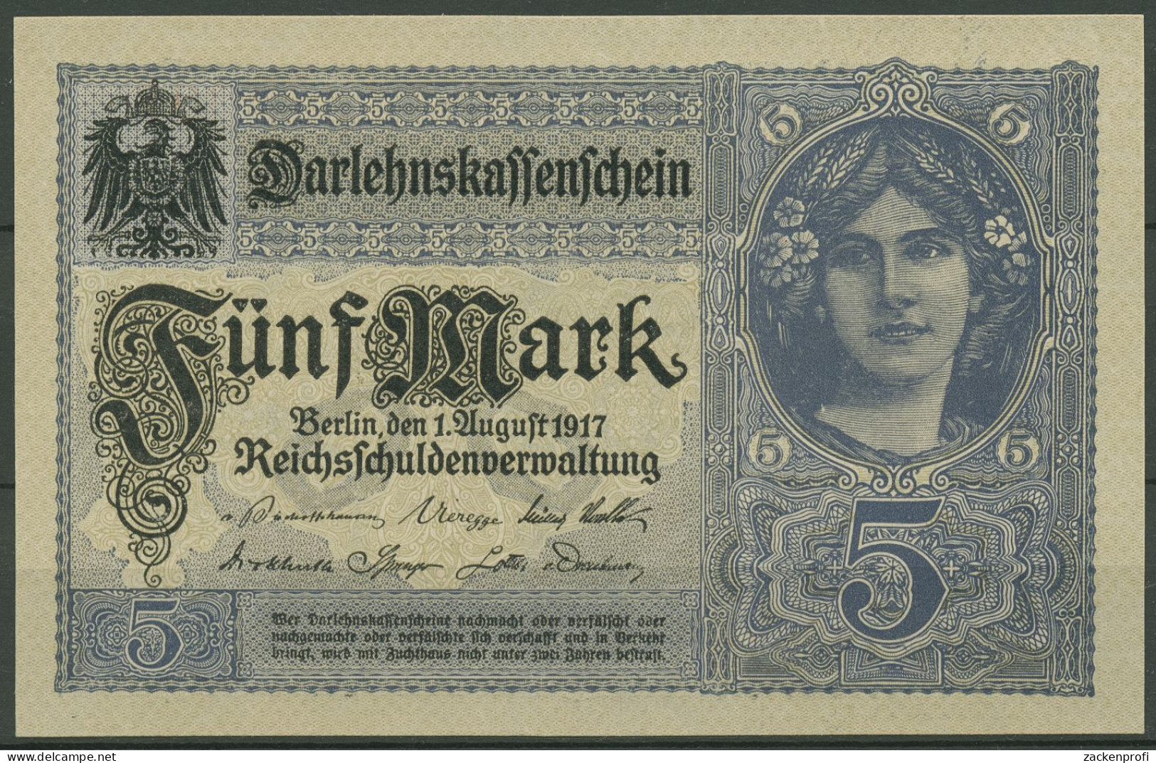 Dt. Reich 5 Mark 1917, DEU-61b Serie R, Fast Kassenfrisch (K1473) - 5 Mark