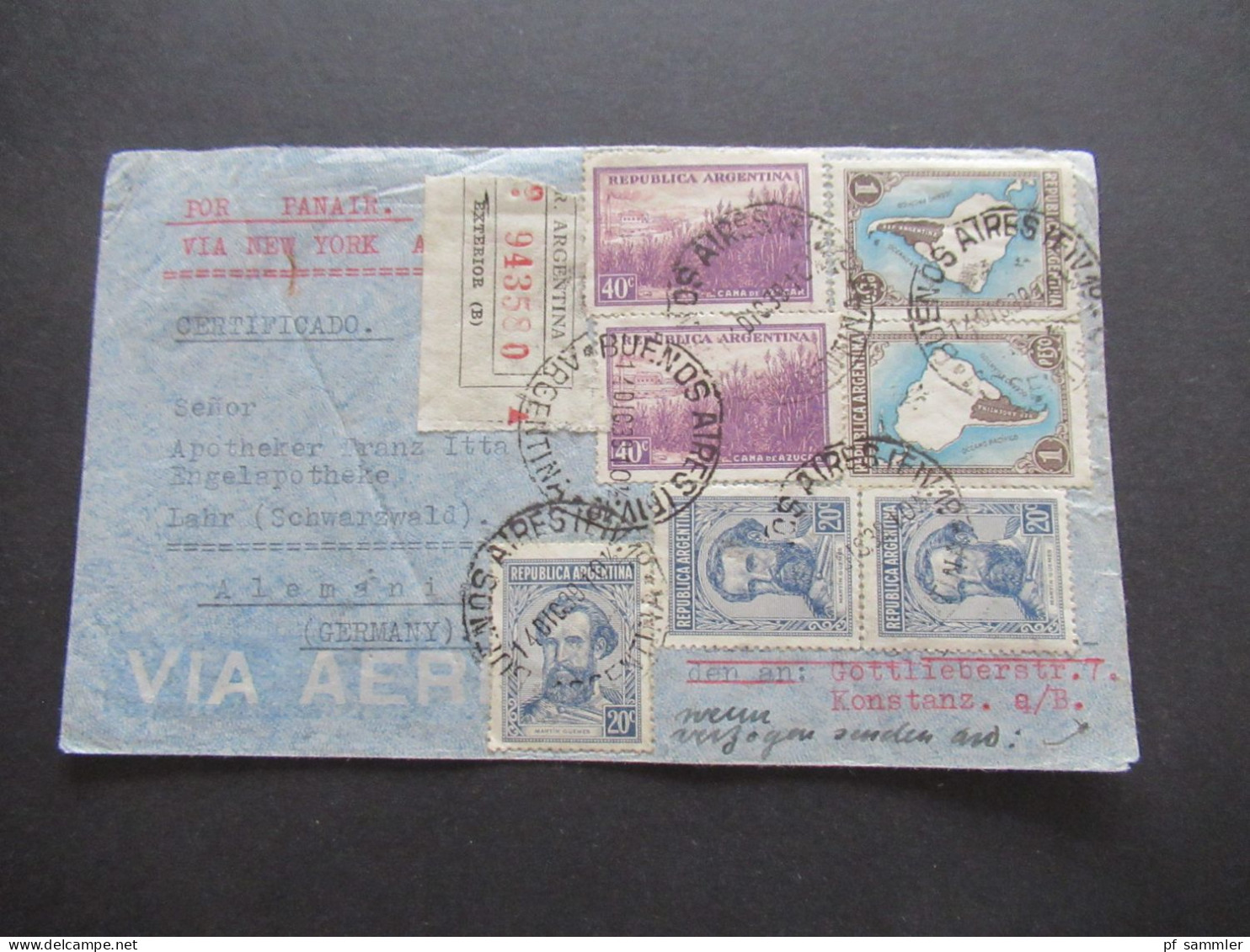 Argentinien 1939 Luftpost / Air Mail Por Panair Via New York / Buenos Aires - Lahr Schwarzwald / Certificado Registered - Briefe U. Dokumente