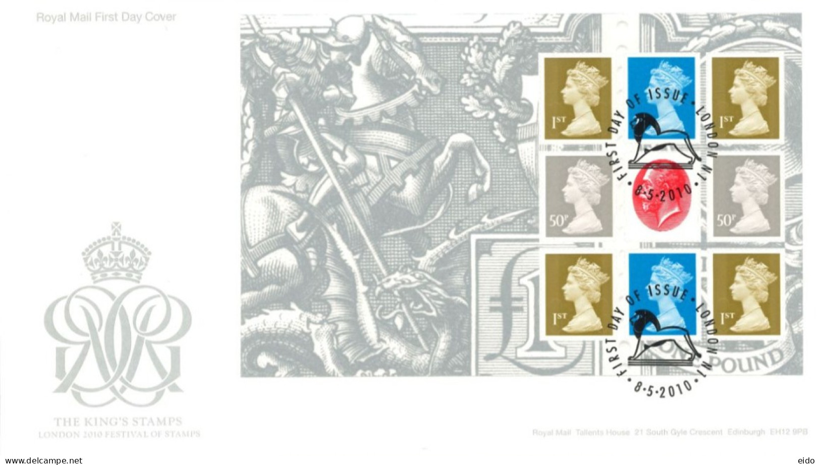 GREAT BRITAIN - 2010, FDC OF MINIATURE SHEET OF THE KING'S STAMPS, LONDON 2010 FESTIVAL OF STAMPS. - Cartas & Documentos