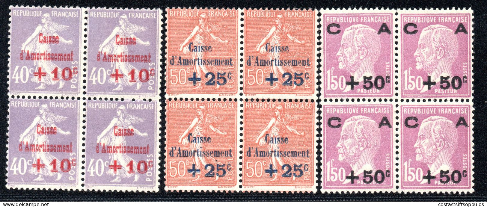 2683.FRANCE 1928 SINKING FUND Y.T.249-251,SC. B28-B30, BLOCKS OF 4, UPPER PAIR VERY LIGHT TRACES OF HINGE,LOWER MNH - 1927-31 Cassa Di Ammortamento