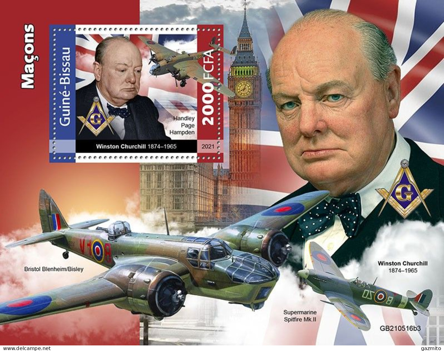 Guinea Bissau 2021, Massonery, Churchill, Planes, Flag, BF - Sir Winston Churchill