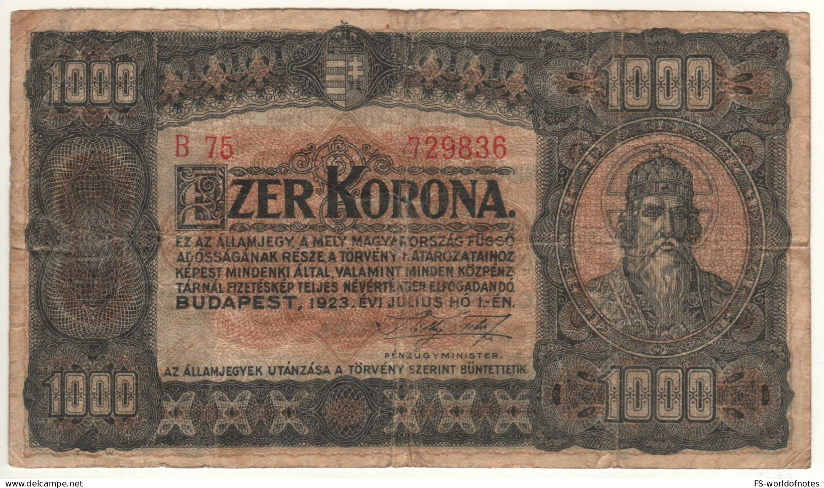 HUNGARY   1'000  Korona  P75  (dated 1.7.1923)       Szent István Király (St. Stephen) - Hongarije