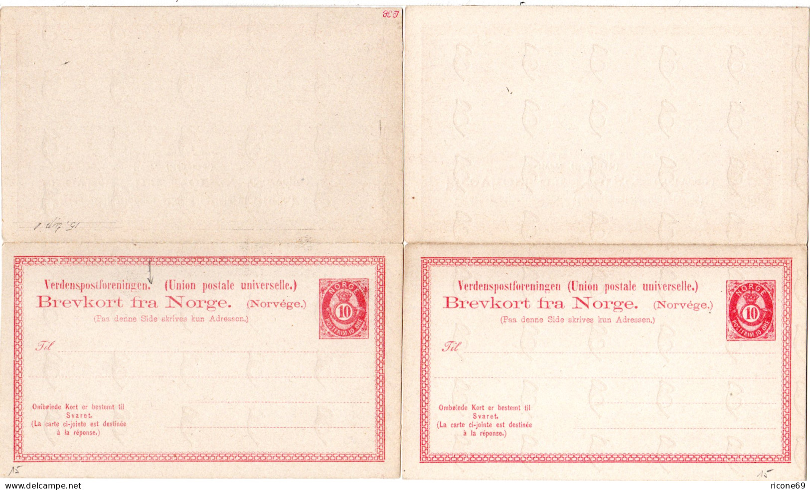 Norwegen P15, 2 Ungebr. 10 öre Doppelkarten, 1x Variante "Punkt Nach Foreningen" - Brieven En Documenten