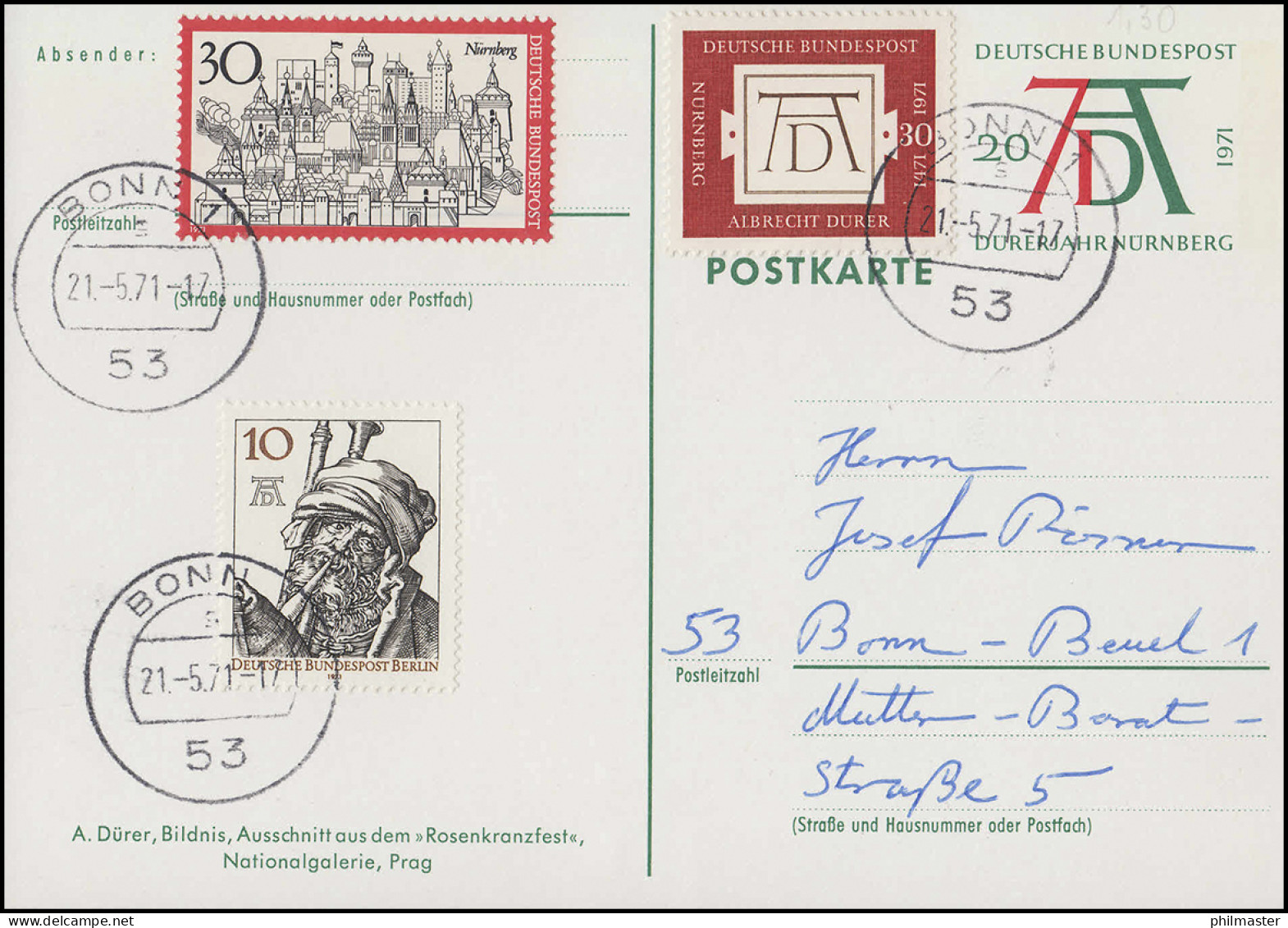 PSo 3/05 Dürerjahr Mit Passender Zusatzfrankatur Als FDC Ersttags-O BONN 21.5.71 - Postcards - Mint