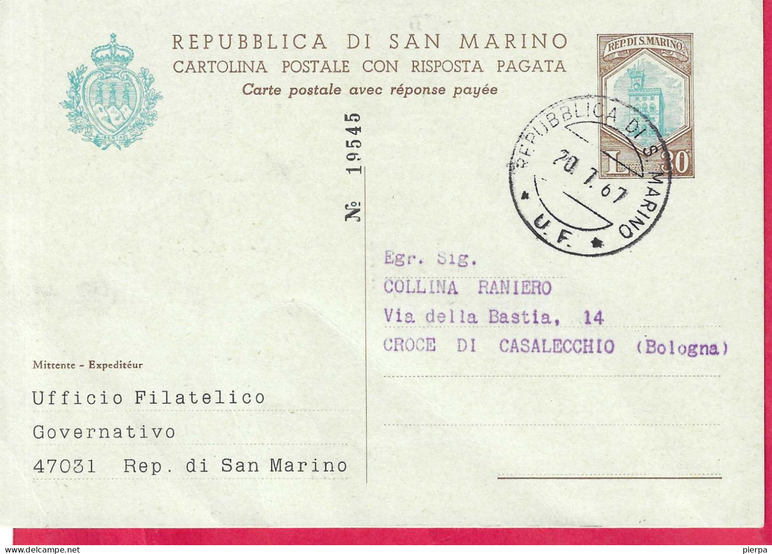 SAN MARINO - INTERO CARTOLINA POSTALE PALAZZO CONSIGLIARE LIRE 30 NUMERATA DOMANDA(INT. 32A) - VIAGGIATA*20.7.67* - Postwaardestukken