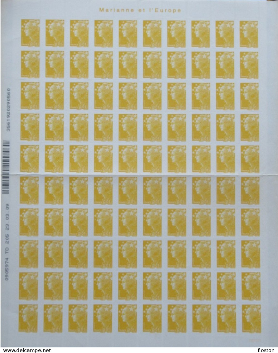 Feuille Entière N°208 - 0€01 - Jaune - LUXE** - Marianne De Beaujard Plié - 1 Bandes Phosphorescentes à Droite - 2008-2013 Marianne Of Beaujard