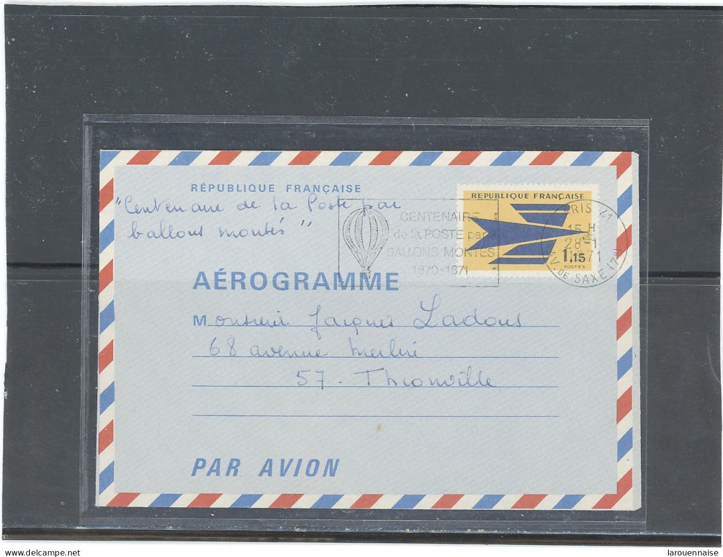 AEROGRAMME -N°1002 -AER  PTT -OBLITÉRÉ -FLAMME CENTENAIRE DE LA POSTE PAR BALLONS MONTÉS - Aérogrammes