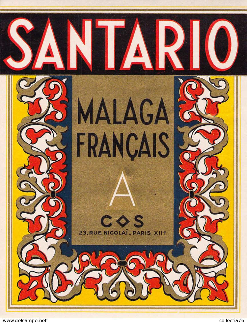 BISTROT ETIQUETTES ALCOOLS SANTARIO MALAGA FRANCAIS COS PARIS 11 X 13 CM - Alcools & Spiritueux