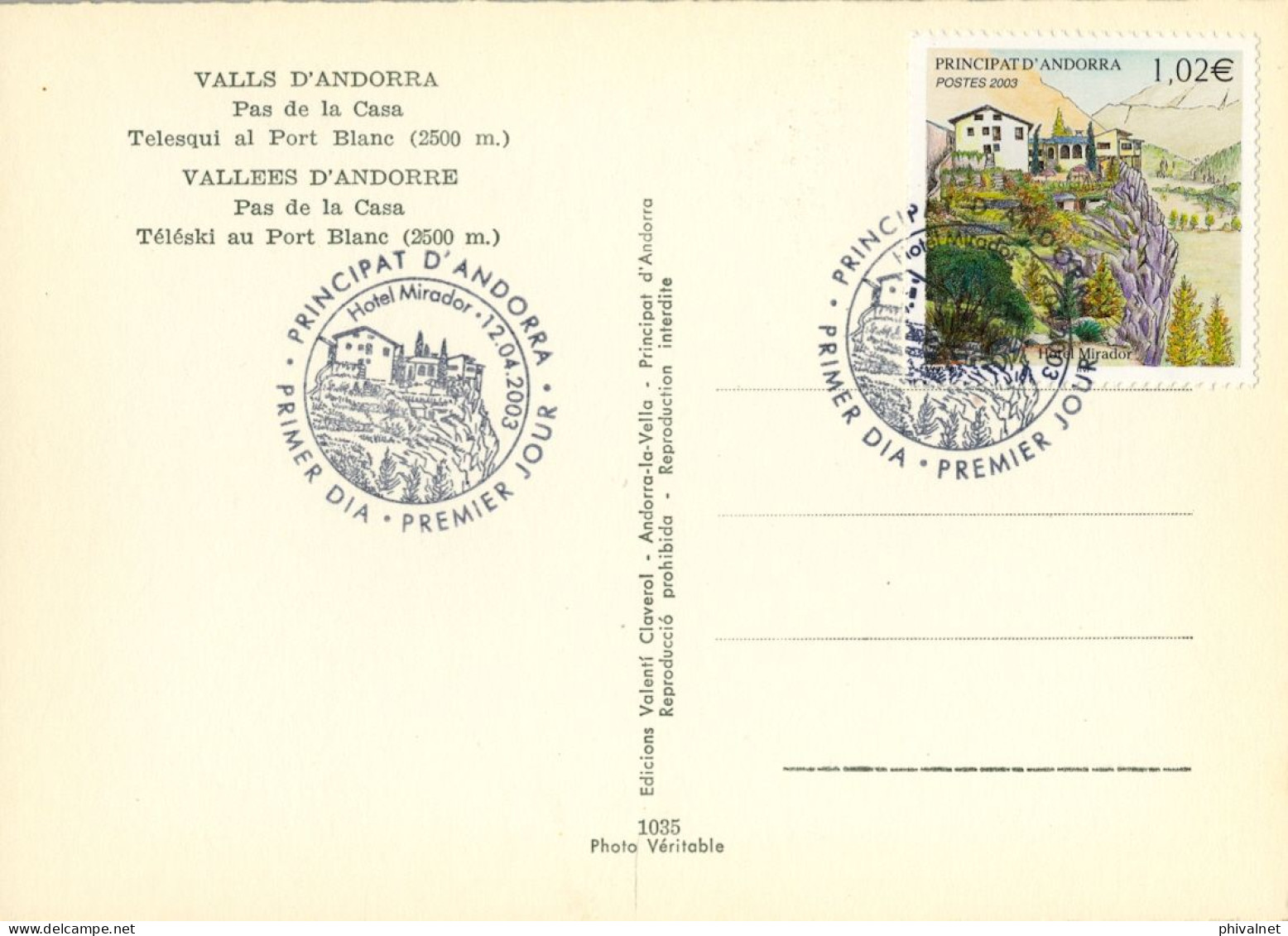 2003 , ED. 600 -  HOTELES DE ANDORRA , HOTEL MIRADOR , MAT. PRIMER DIA , FDC , ANDORRA FRANCESA , SVV , ATM - FDC