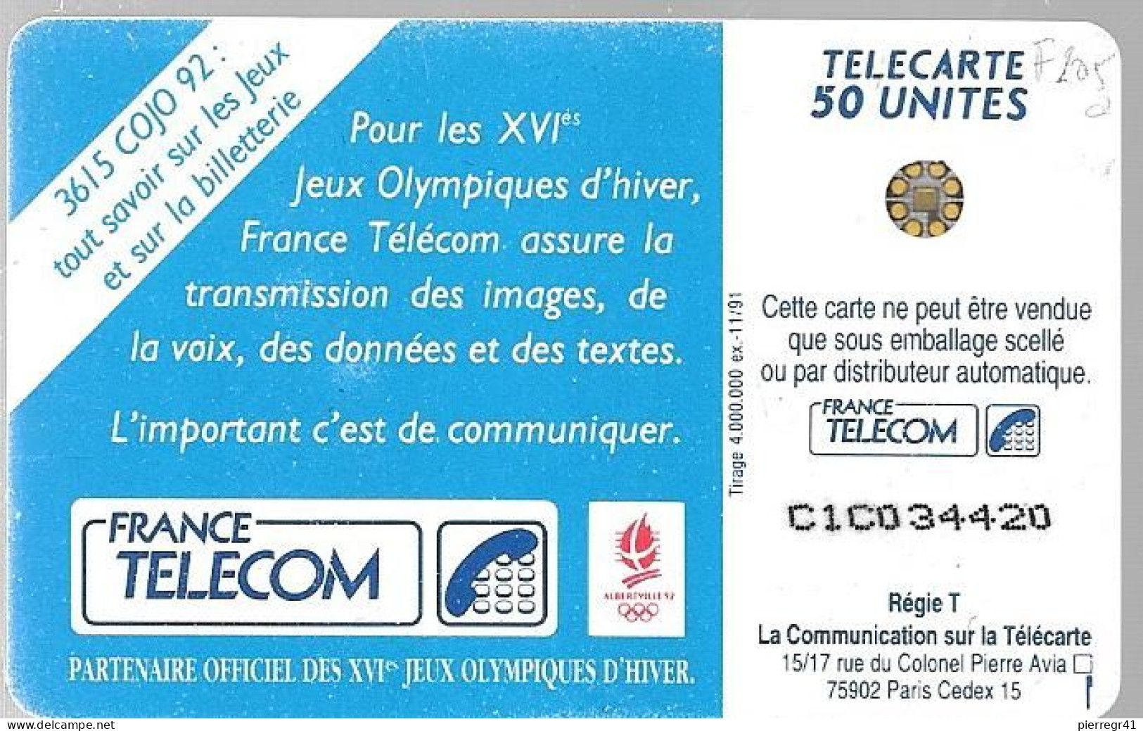 CARTE-PUBLIC-50U-F205 A-SC4-11/91-SKI DE FOND--9 N° NOIRS LASER-N°C1C034420--BE-Cote 90€ - 1991