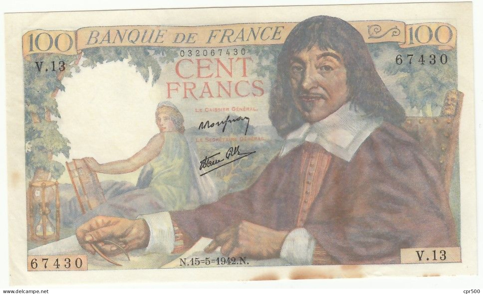 100 Francs Descartes Type 1942, F27.01,1942, V.13, TB- - 100 F 1942-1944 ''Descartes''