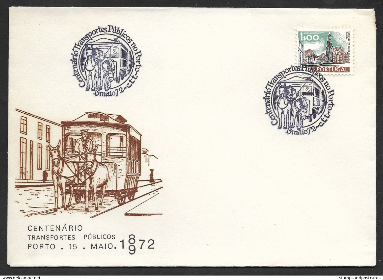 Portugal Cachet Commémoratif Centenaire Tramway Hippomobile Porto Tram Cheval 1972 Event Pmk Horsecar Horse-drawn Tram - Strassenbahnen