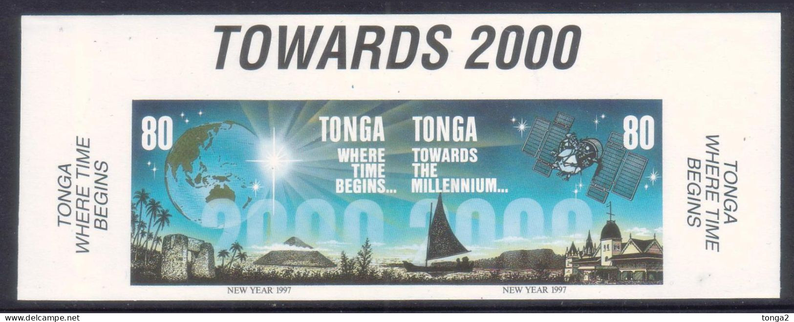 Tonga 1996 Towards 2000 Imperf Plate Proof Strip Pyramid Map Globe Trilithon - Only 12 Like This Exist - Oceania