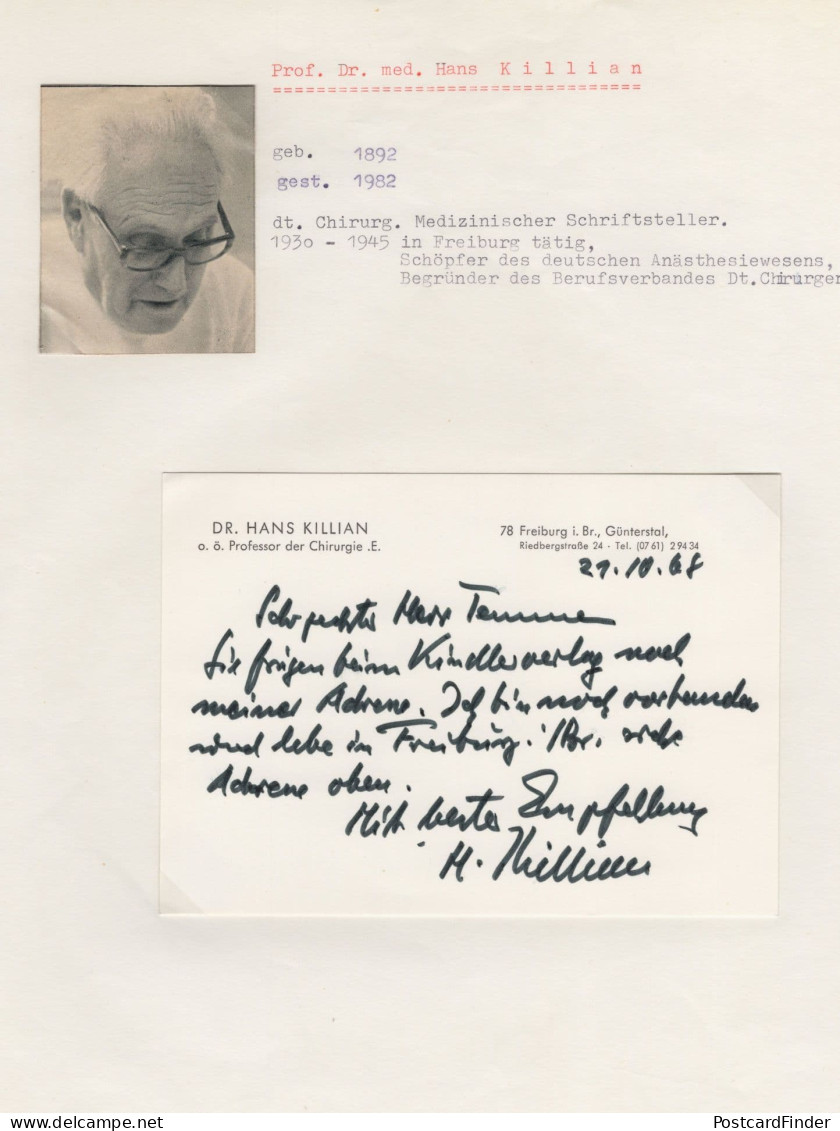 Hans Killian German Surgeon Book Author 1968 Hand Signed Autograph - Inventors & Scientists