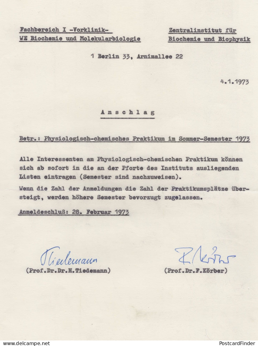 Dr Heinz Tiedermann German Physician Biology Chemist Hand Signed Letter - Erfinder Und Wissenschaftler