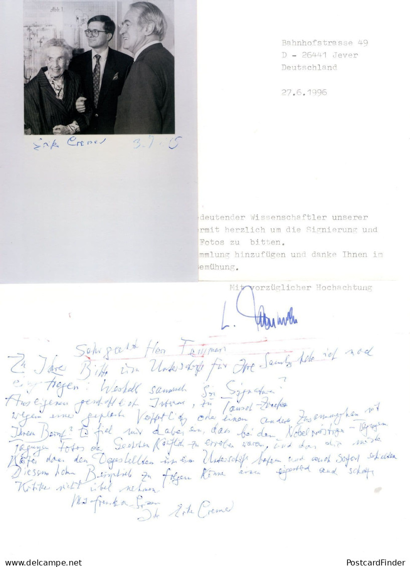 Erika Cremer WW2 German Gas Scientist Hand Signed Letter & Photo - Uitvinders En Wetenschappers