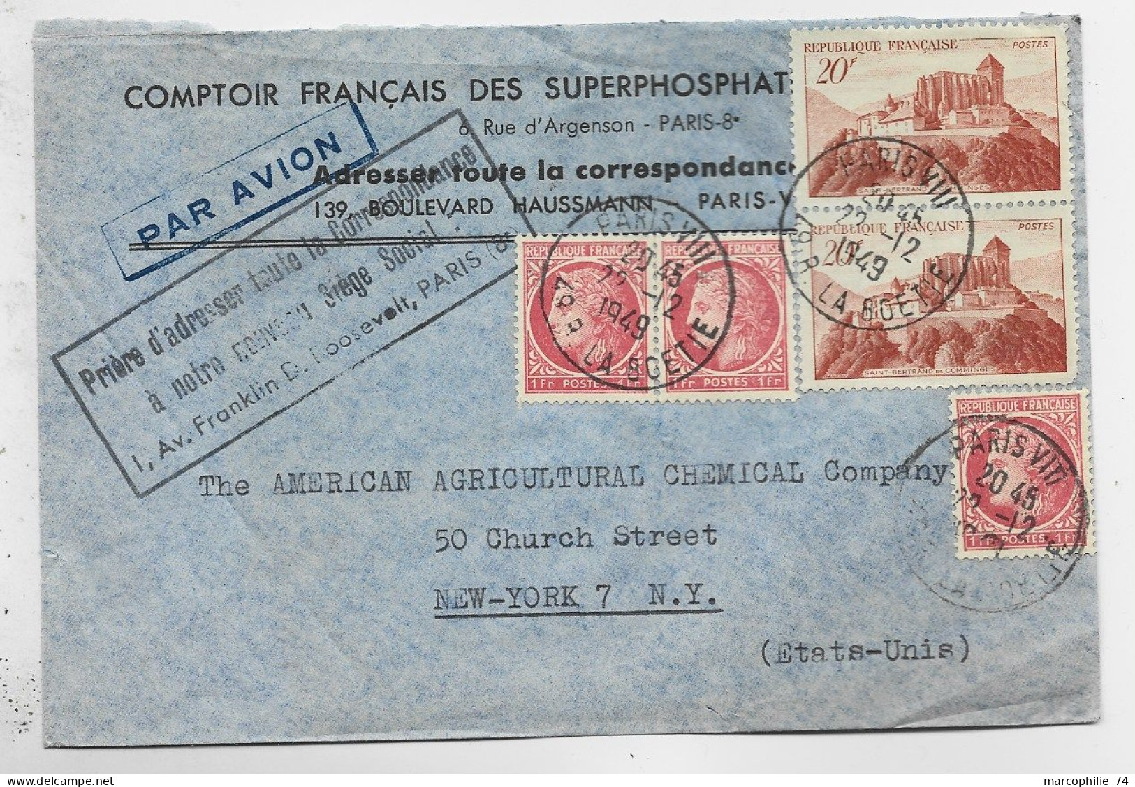 FRANCE MAZELIN 1FRX3+ N°841AX2 LETTRE COVER AVION PARIS VIII 22.12.1949 POUR USA  AU TARIF - 1945-47 Cérès De Mazelin