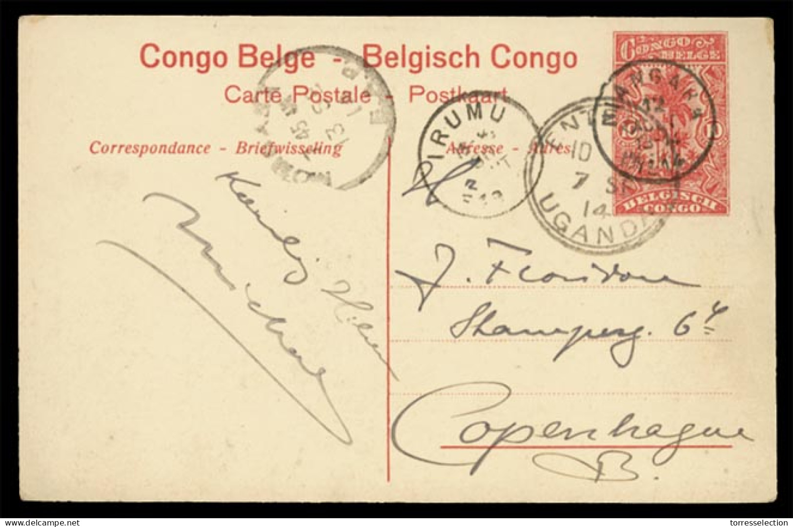 BELGIAN CONGO. 1914. Mangara. Via Entebe/Uganda. Blomhasse. Irumu To Copenhagen. VF. - Andere & Zonder Classificatie