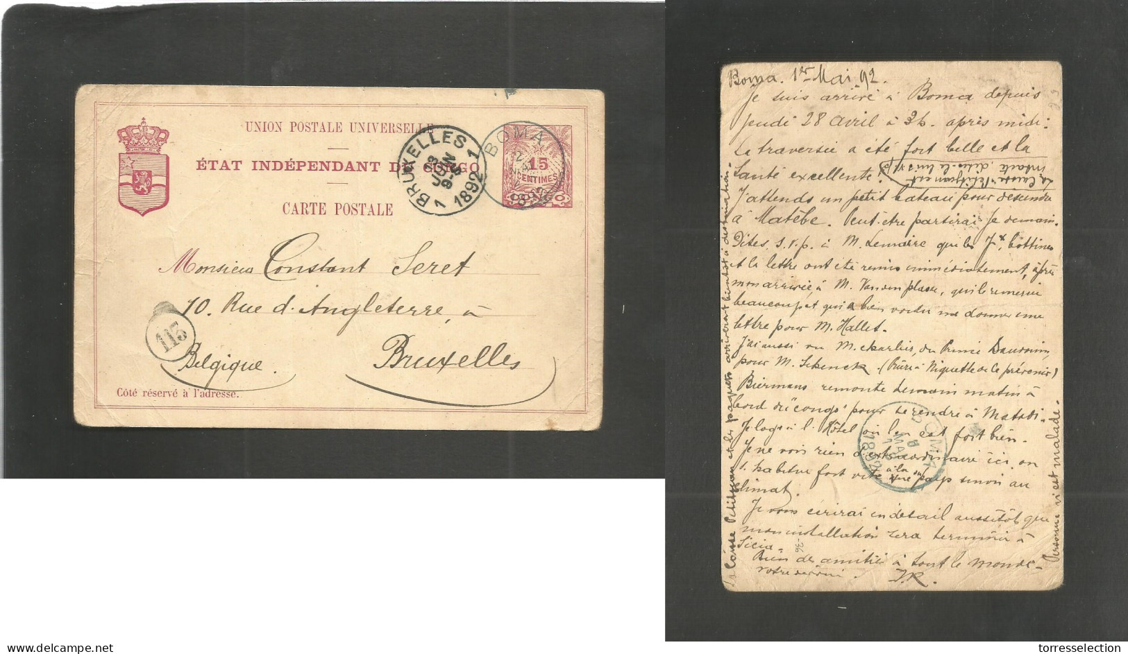 BELGIAN CONGO. 1892 (1 May) Boma - Belgium, Bruxelles (13 June) 15c Red EIC Stat Card Blue Depart Cds (2 May) + Reverse  - Sonstige & Ohne Zuordnung