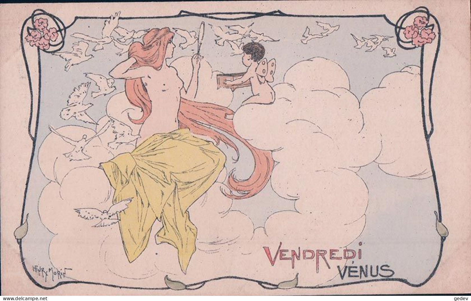 Morin Henry Illustrateur, Vendredi, Vénus, Angelots Et Oiseaux, Art Nouveau, Litho (3303) - Morin, Henri