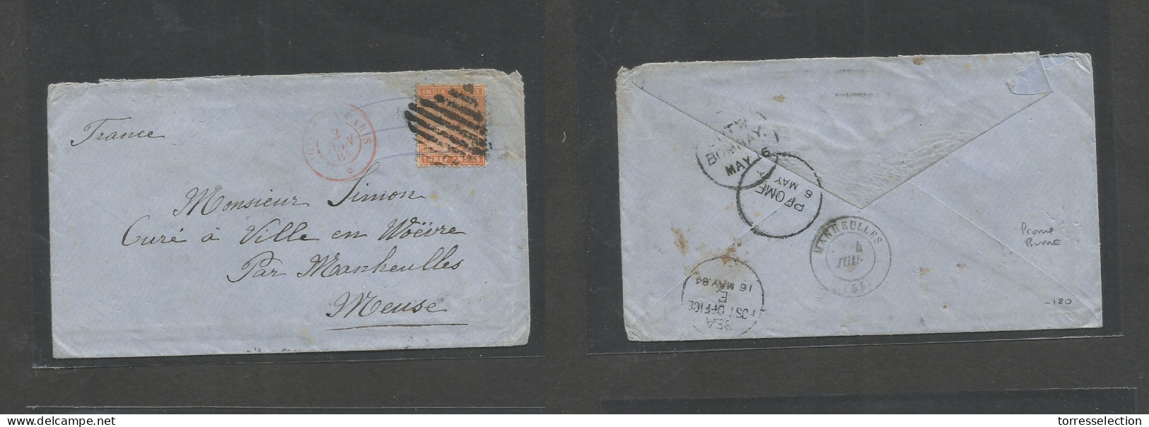 BURMA. 1884 (6 May) Prome - France, Meuse (4 July) Via Bombay, Sea PO. Single 3a Orange - Brown Fkd Env, Tied Grill + Mn - Burma (...-1947)