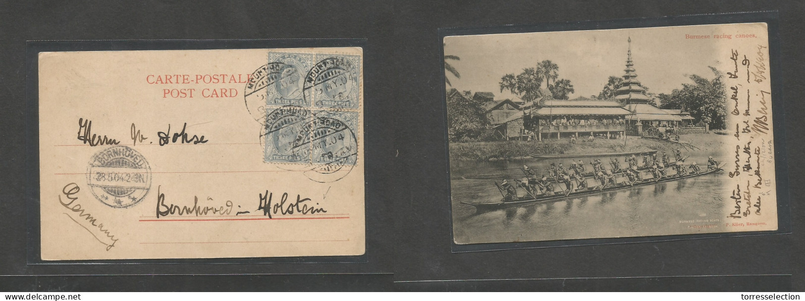 BURMA. 1904 (9 May) Mount Road - Germany, Bornhoved (28 May) Early Ppc Fkd 3p Grey India Block Of Four, Tied Cds. - Birmanie (...-1947)