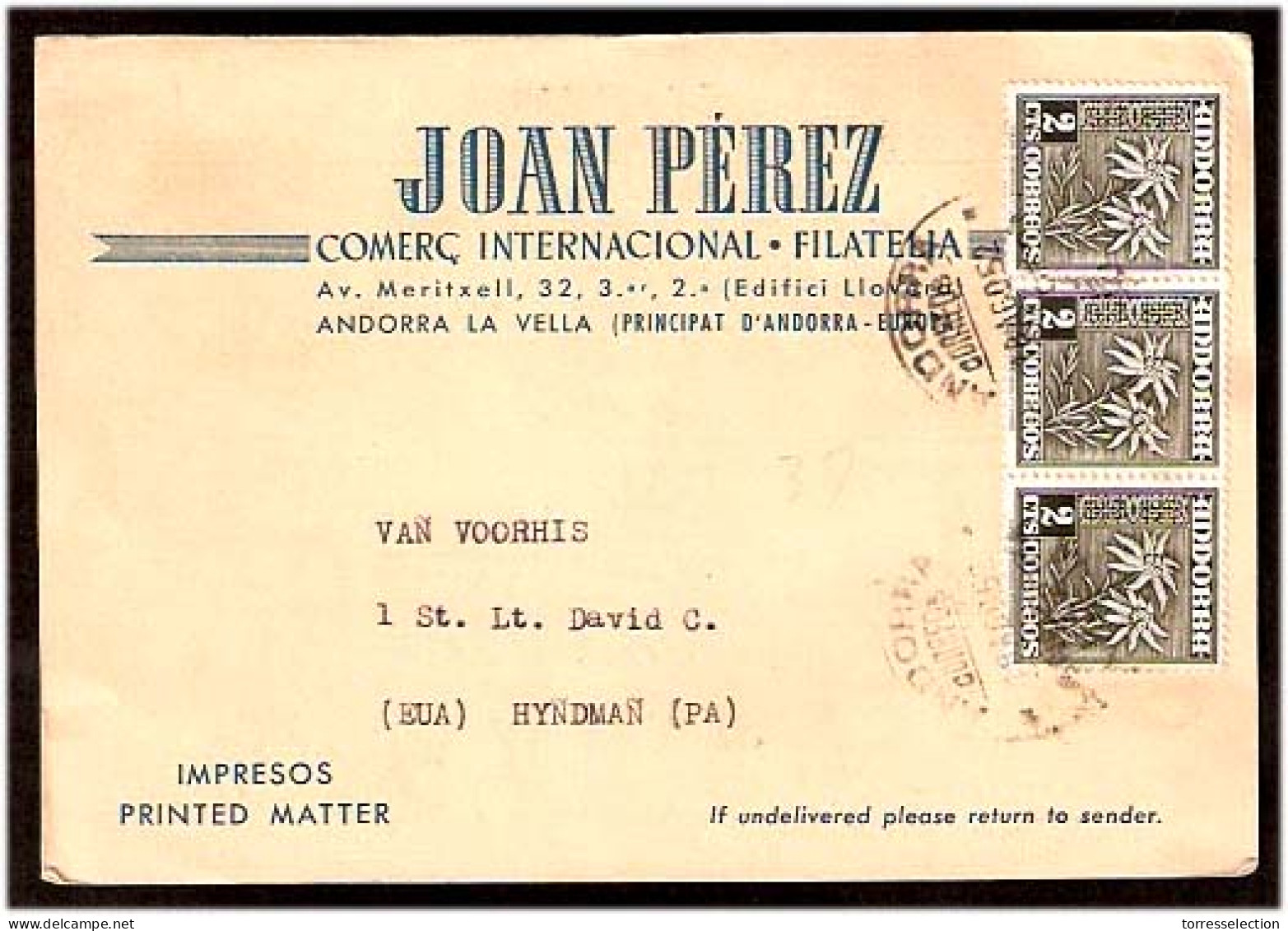 ANDORRA. 1952. TP. Comercial Circulada A USA. Franqueo 2c X 3. Bonito. - Other & Unclassified