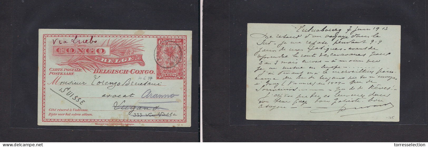 BELGIAN CONGO. 1913 (7 June) Luluabourg - Switzerland, Lugano 10c Orange - Red Via Kinshasa (13 July) And Luebo. HG 37.  - Andere & Zonder Classificatie