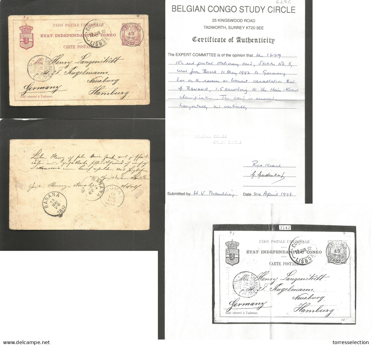 BELGIAN CONGO. 1892 (11 May) EIC. Boma - Germany, Hamburg (14 June) Via Banana - Lisbon (10 June) 15c Red Stat Card. Ger - Autres & Non Classés