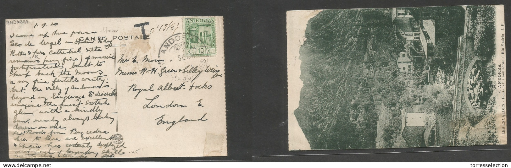 ANDORRA. 1930 (1 Sept) Les Escaldes - UK, Englet. Fkd Ppc. 10 Cms Green, Tied Cds + Taxed T 0,13 1/2 Gold. Fine And Scar - Other & Unclassified