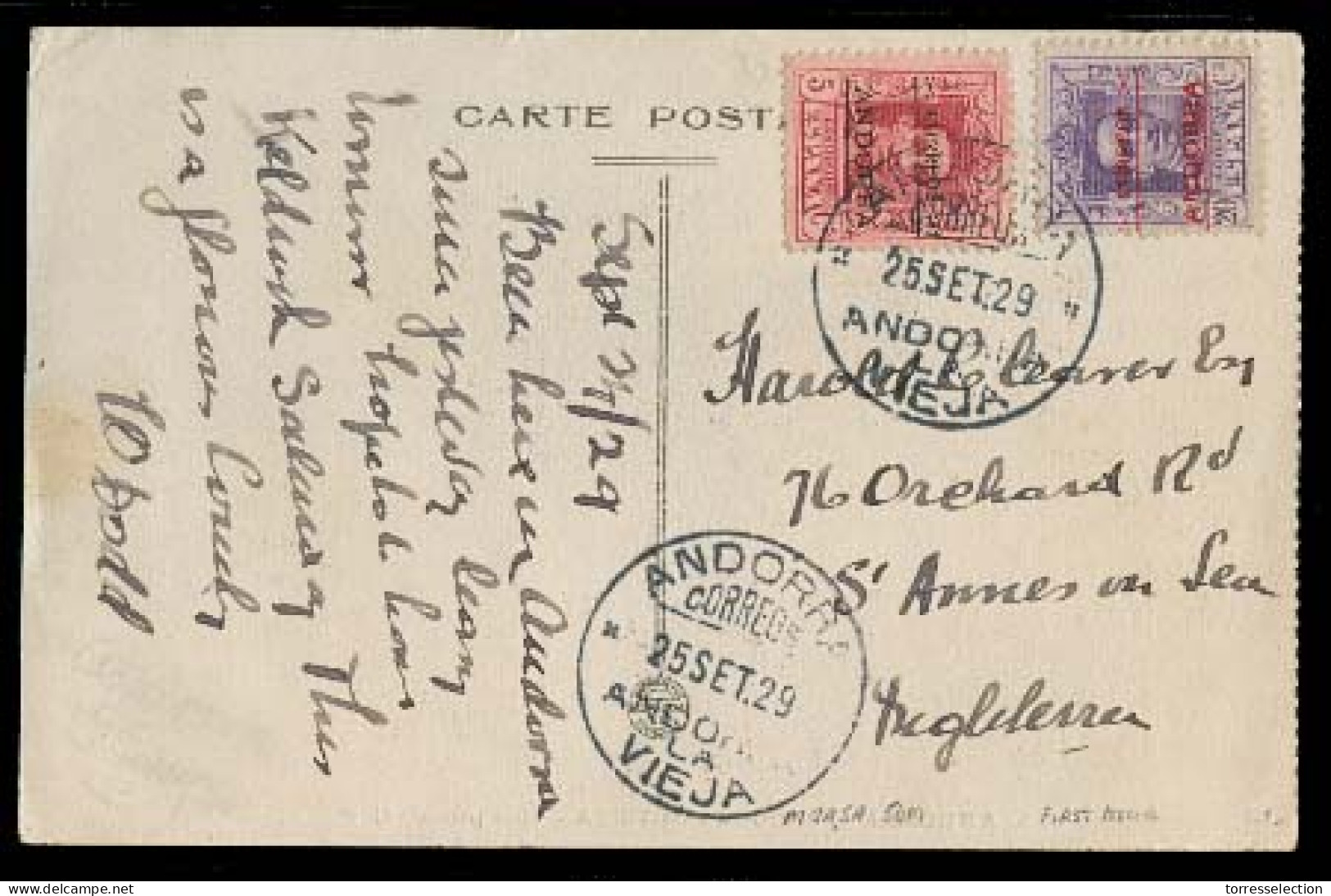 ANDORRA. 1929 (25 Sept). A La Vieja - Inglaterra. TP Circulada Con Sellos 5c + 25c, Mat Fechador. Tarifa 25c. Prec Y Muy - Andere & Zonder Classificatie