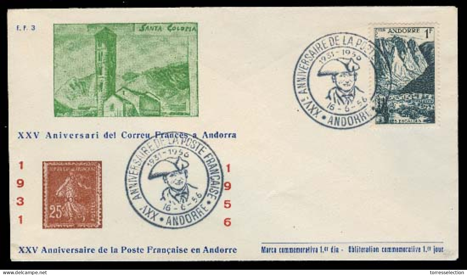 ANDORRA. 1956 (16 Junio). Of Francesa. 25 Amir. Correo Frances. Bonito Sobre. - Sonstige & Ohne Zuordnung