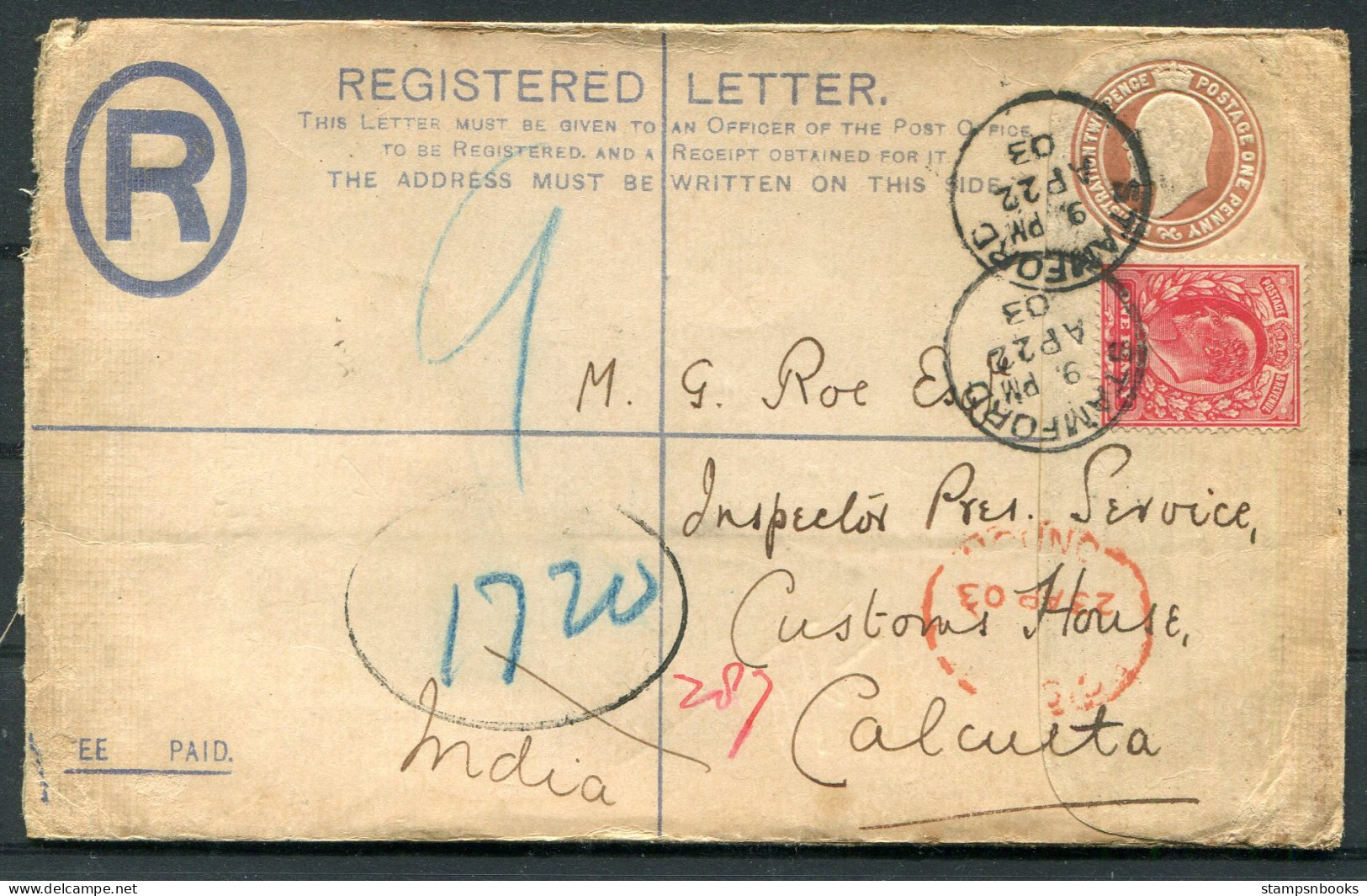 1903 GB Registered Letter Stationery Stamford - Customs House, Calcutta India Via Sea Post Office  - Cartas & Documentos