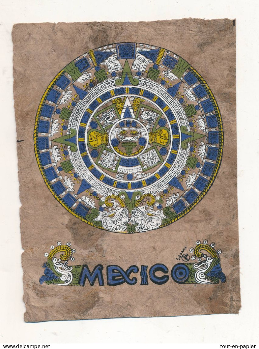 Peinture Originale Sur Papier Amate ( écorce D'arbre) Art Mexicain Mexique - Calendrier Aztèque Signé F. Adame - Popular Art