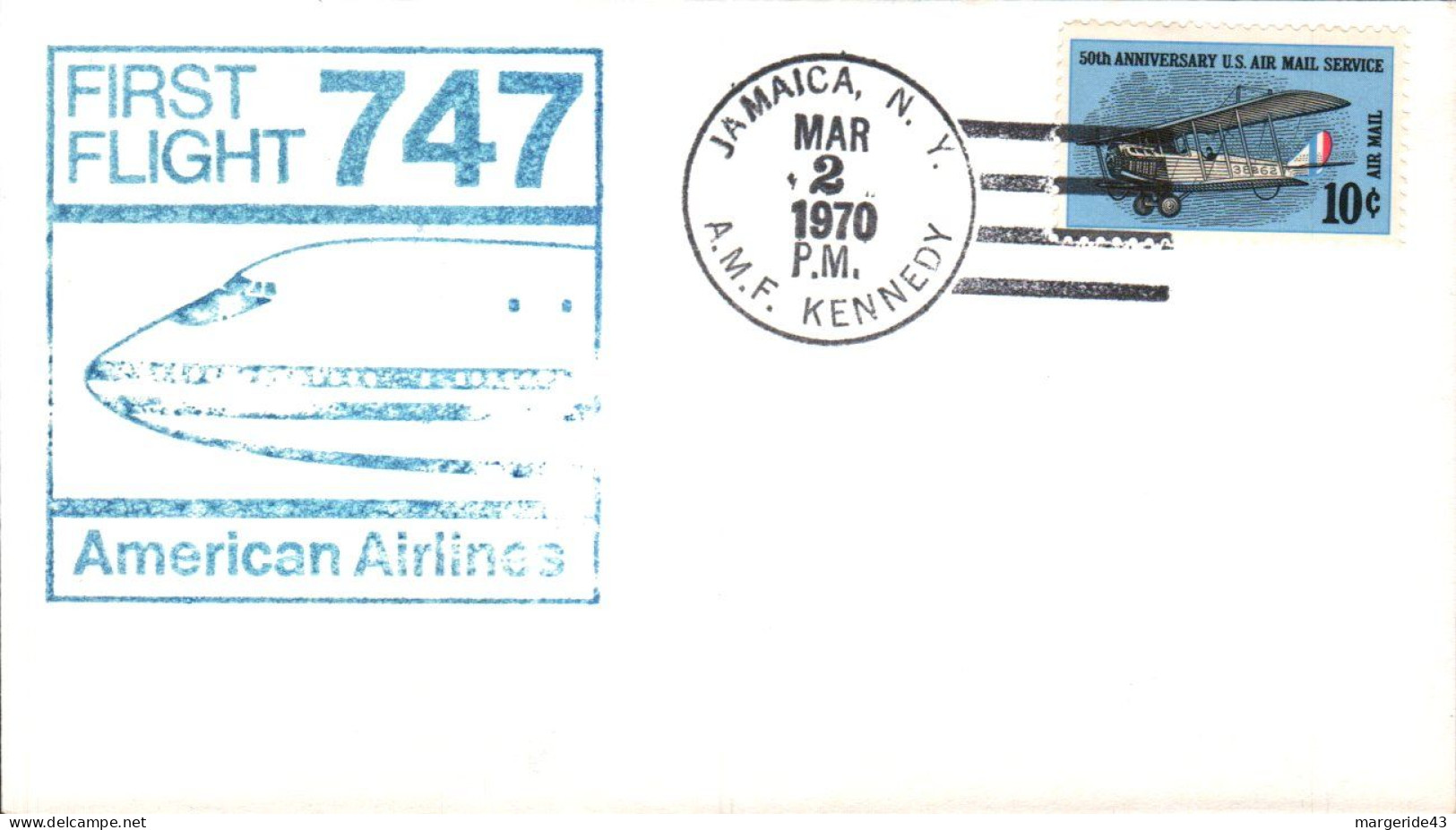 USA ETATS UNIS 1 ER VOL 747 AMERICAN AIRLINES JAMAICA-LOS ANGELES 1970 - FDC