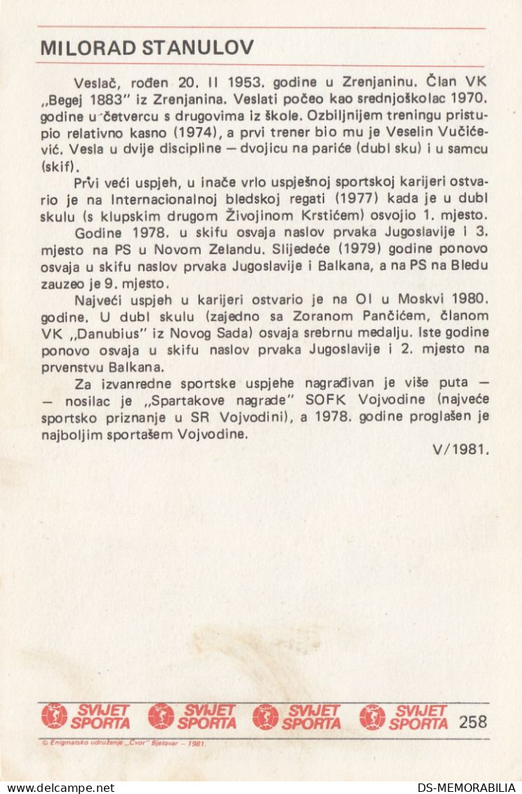 Rowing Milorad Stanulov Yugoslavia Trading Card Svijet Sporta - Rudersport